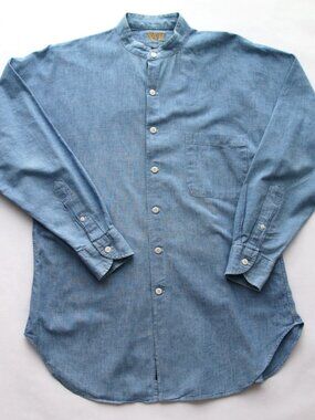 NORDSTROM XMI Vintage Washed Denim Nehru Collar Shirt Size 15 x 32 M 100% Cotton